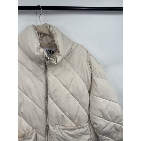 Zara Puffer Jacket Women Medium Beige Cropped Preppy Minimalist Full‎ Zip - Picture 12 of 13